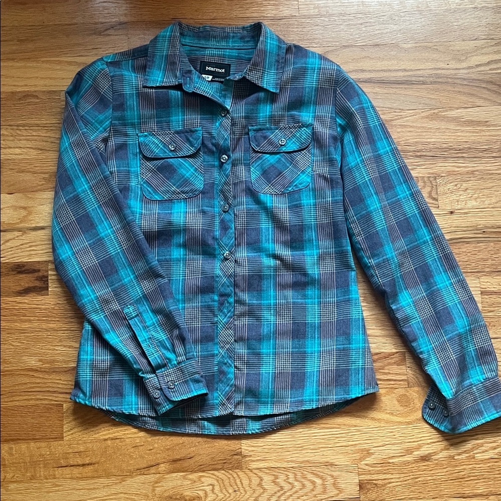 Marmot Teal and Black Plaid Shirt